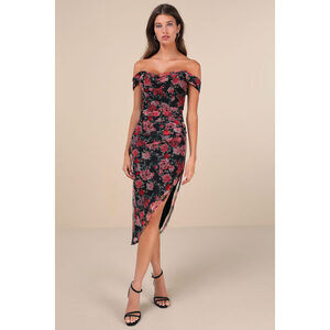 Lulus Idyllic Beauty Black Floral Off-the-shoulder Midi Dress - Size S